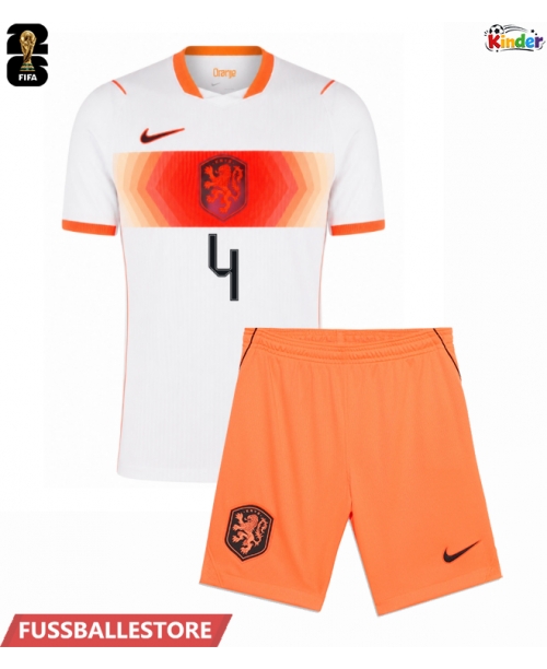 Günstige Niederlande Virgil van Dijk #4 Auswärts Trikotsatzt Kinder WM 2026 Kurzarm (+ Kurze Hosen)
